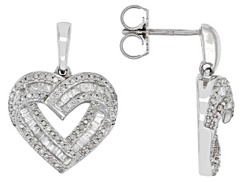 Picture of White Diamond Rhodium Over Sterling Silver Dangle Heart Earrings 0.65ctw