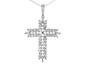 White Diamond Rhodium Over Sterling Silver Cross Pendant With 18" Rope Chain 0.50ctw