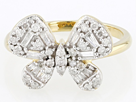 White Diamond 14k Yellow Gold Over Sterling Silver Butterfly Ring 0.45ctw