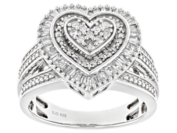 Picture of White Diamond Rhodium Over Sterling Silver Cluster Heart Ring 0.50ctw