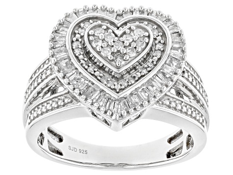 White Diamond Rhodium Over Sterling Silver Cluster Heart Ring 0.50ctw