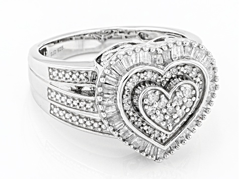 White Diamond Rhodium Over Sterling Silver Cluster Heart Ring 0.50 