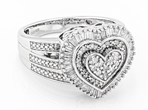 White Diamond Rhodium Over Sterling Silver Cluster Heart Ring 0.50ctw