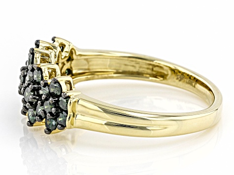 Green Diamond 10K Yellow Gold Cluster Ring 0.75ctw