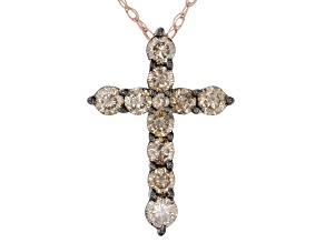 Champagne Diamond 10k Rose Gold Cross Pendant With Chain 0.50ctw