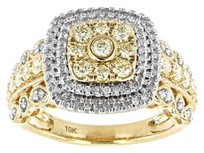 Natural Yellow And White Diamond 10K Yellow Gold Cluster Ring 1.00ctw