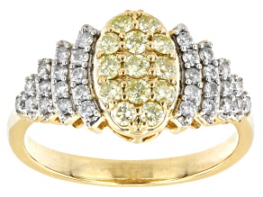 Natural Yellow And White Diamond 10k Yellow Gold Cluster Ring 0.78ctw