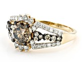 Champagne And White Diamond 10k Yellow Gold Center Design Ring 1.58ctw