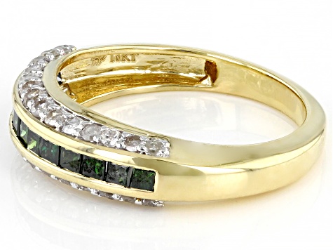 Green Diamond And White Diamond 10K Yellow Gold Band Ring 1.00ctw