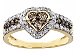 Champagne And White Diamond 10k Yellow Gold Heart Cluster Ring 0.65ctw