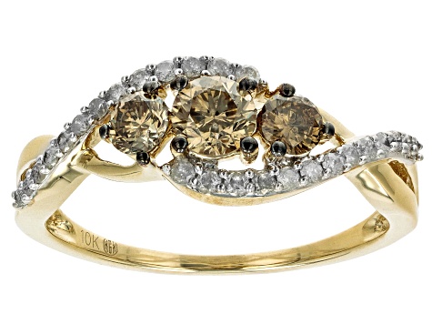 Champagne And White Diamond 10k Yellow Gold 3-Stone Ring 0.81ctw