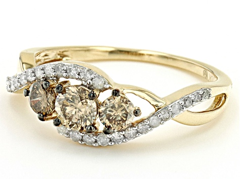 Champagne And White Diamond 10k Yellow Gold 3-Stone Ring 0.81ctw