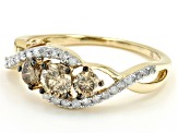 Champagne And White Diamond 10k Yellow Gold 3-Stone Ring 0.81ctw