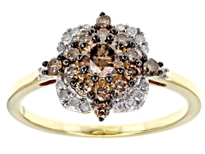 Champagne And White Diamond 10k Yellow Gold Cluster Ring 0.78ctw