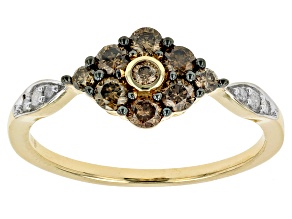 White And Champagne Diamond 10k Yellow Gold Cluster Ring 0.45ctw