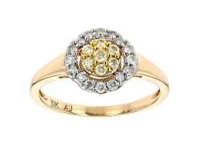 Natural Yellow And White Diamond 10k Yellow Gold Cluster Ring 0.35ctw