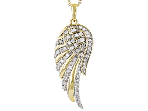 White Diamond 10k Yellow Gold Angel Wing Pendant With 18" Rope Chain 0.50ctw