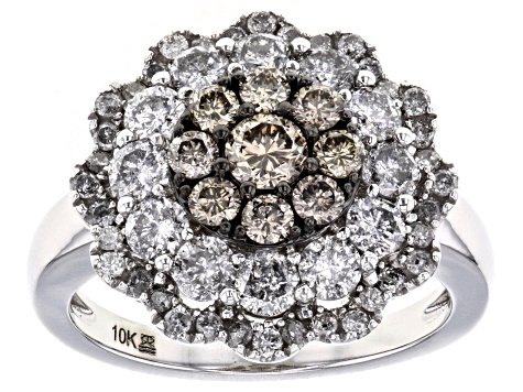 Champagne And White Diamond 10k White Gold Cluster Ring 2.00ctw