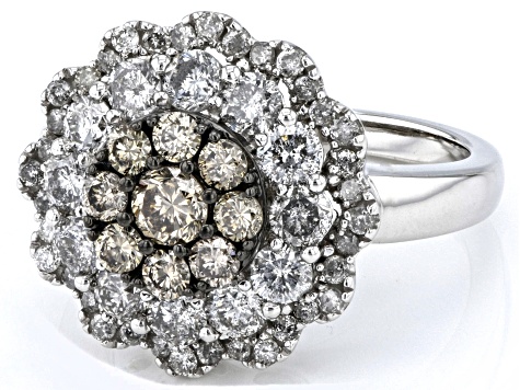 Champagne And White Diamond 10k White Gold Cluster Ring 2.00ctw