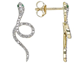White Diamond With Round Emerald Accents 10k Yellow Gold Snake Drop Earrings 0.20ctw