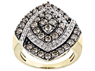 Champagne And White Diamond 10k Yellow Gold Cluster Ring 1.75ctw