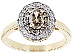 Champagne And White Diamond 10k Yellow Gold Halo Ring 0.75ctw
