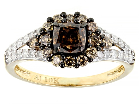 Champagne And White Diamond 10k Yellow Gold Halo Ring 1.30ctw