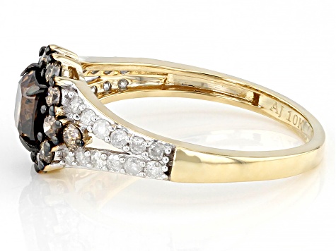 Champagne And White Diamond 10k Yellow Gold Halo Ring 1.30ctw