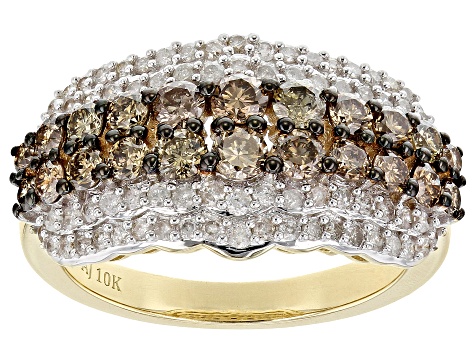 Champagne And White Diamond 10k Yellow Gold Band Ring 1.40ctw