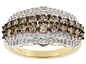 Champagne And White Diamond 10k Yellow Gold Band Ring 1.40ctw