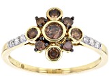 Champagne And White Diamond 10k Yellow Gold Cluster Ring 0.45ctw