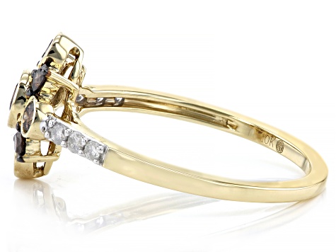 Champagne And White Diamond 10k Yellow Gold Cluster Ring 0.45ctw