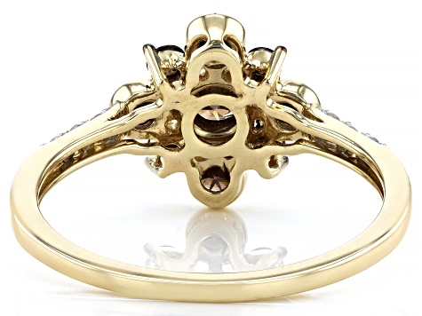 Champagne And White Diamond 10k Yellow Gold Cluster Ring 0.45ctw