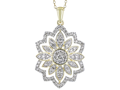 Diamond 10k Yellow Gold Floral Pendant With 18" Cable Chain 1.50ctw