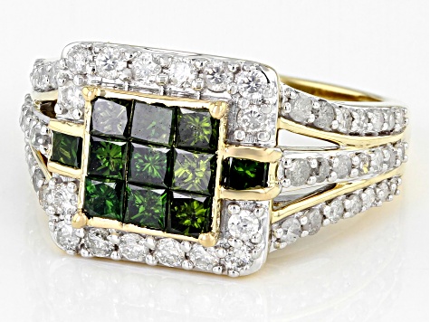 Green Diamond And White Diamond 10k Yellow Gold Quad Ring 1.65ctw