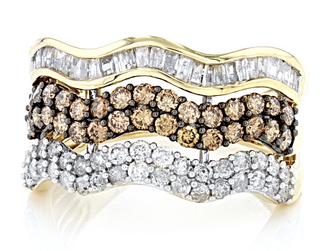 Champagne And White Diamond 10k Yellow Gold Multi-Row Ring 1.50ctw