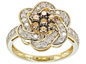 Picture of Champagne And White Diamond 10k Yellow Gold Cluster Ring 1.00ctw