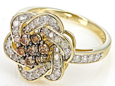 Champagne And White Diamond 10k Yellow Gold Cluster Ring 1.00ctw
