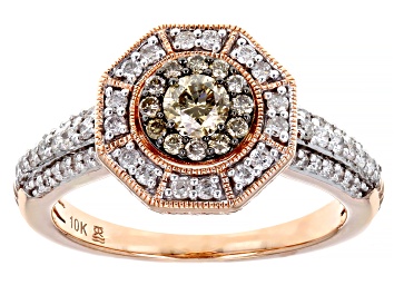 Picture of Champagne And White Diamond 10k Rose Gold Halo Ring 0.75ctw