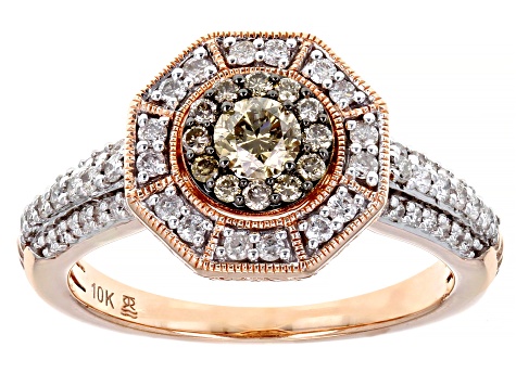 Champagne And White Diamond 10k Rose Gold Halo Ring 0.75ctw