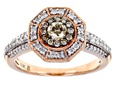 Champagne And White Diamond 10k Rose Gold Halo Ring 0.75ctw
