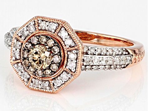 Champagne And White Diamond 10k Rose Gold Halo Ring 0.75ctw