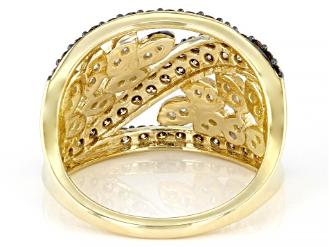 Champagne And White Diamond 10k Yellow Gold Leaf Design Ring 1.00ctw