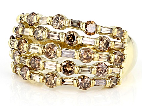 Champagne Diamond 10k Yellow Gold Multi-Row Ring 2.00ctw