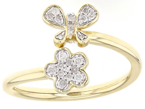 White Diamond 10k Yellow Gold Floral Butterfly Cuff Ring 0.10ctw