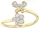 White Diamond 10k Yellow Gold Floral Butterfly Cuff Ring 0.10ctw