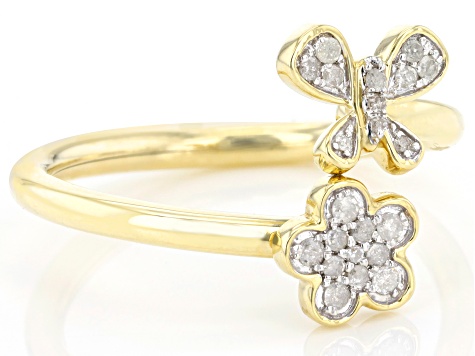 White Diamond 10k Yellow Gold Floral Butterfly Cuff Ring 0.10ctw
