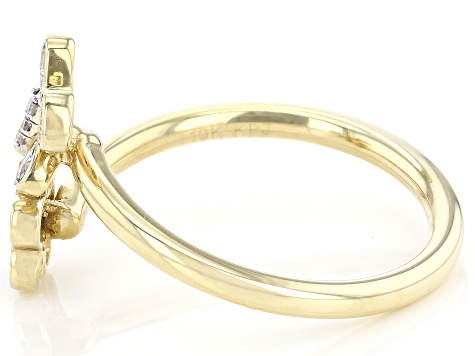 White Diamond 10k Yellow Gold Floral Butterfly Cuff Ring 0.10ctw