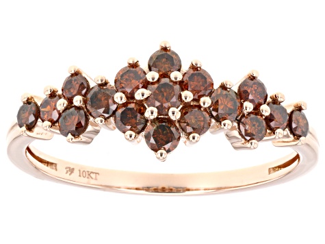 Red Diamond 10k Rose Gold Cluster Band Ring 0.65ctw