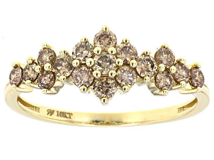 Champagne Diamond 10k Yellow Gold Cluster Band Ring 0.65ctw